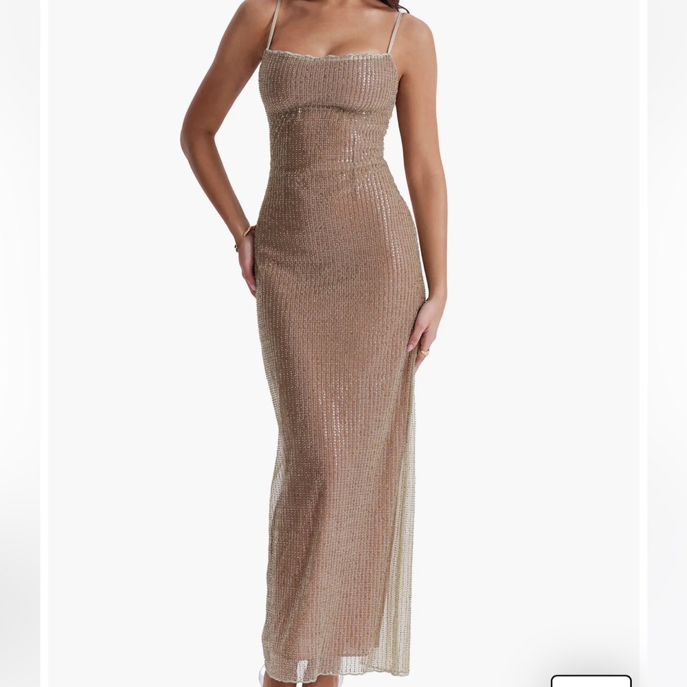 LIMITED EDITION House of CB 'Alondra' Cafe Au Lait Beaded Maxi Dress NWOT L